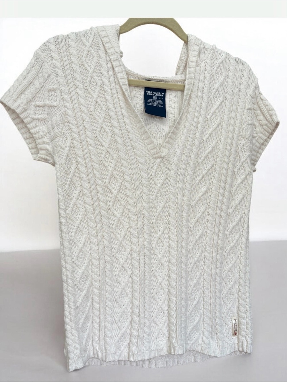 Polo by Ralph Lauren Vintage White Cable-Knit V-Neck Short-Sleeve Sweater w Hood